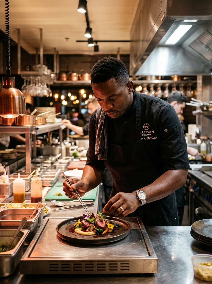 Professional Black chef plating culinary catering dish